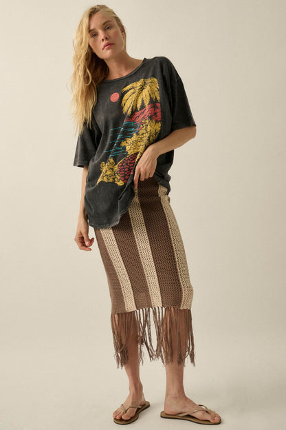 Someday Soon Striped Crochet-Knit Fringe Midi Skirt