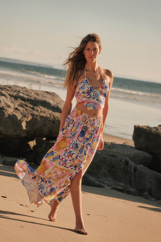 Mallorca Music Tile-Print Button-Front Maxi Skirt