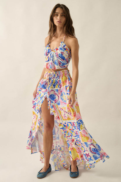 Mallorca Music Tile-Print Button-Front Maxi Skirt