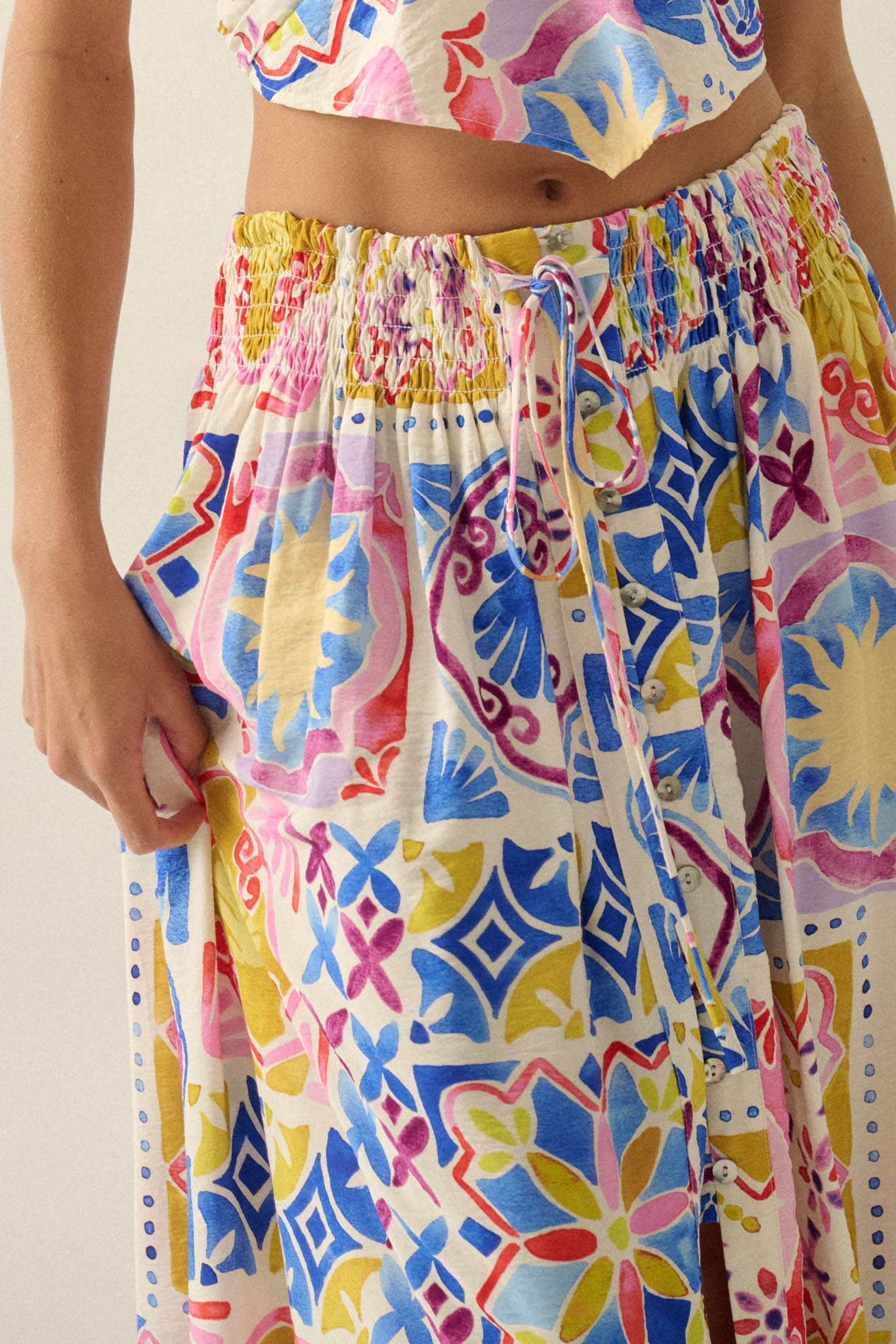 Mallorca Music Tile-Print Button-Front Maxi Skirt