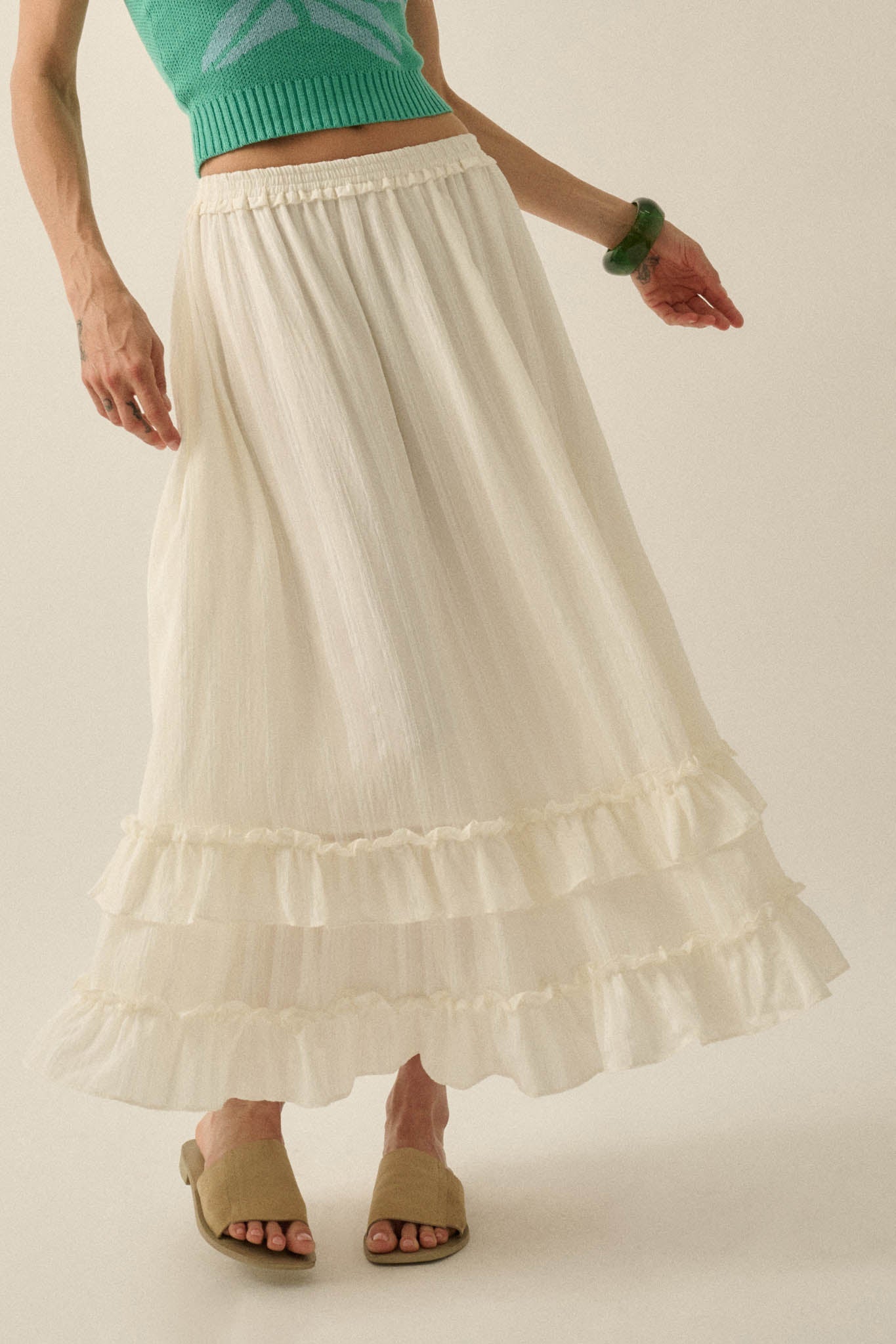 Pretty Precious Tonal-Stripe Ruffle Maxi Skirt
