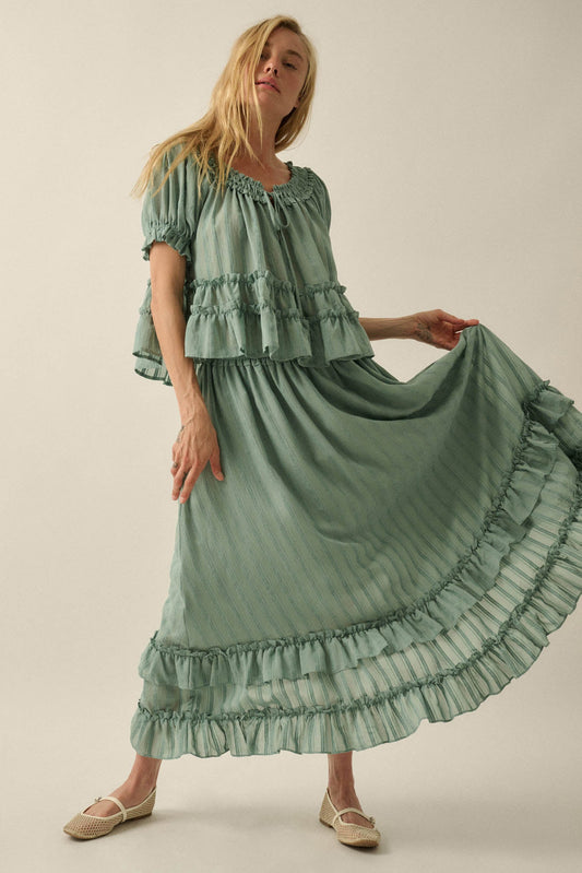 Pretty Precious Tonal-Stripe Ruffle Maxi Skirt