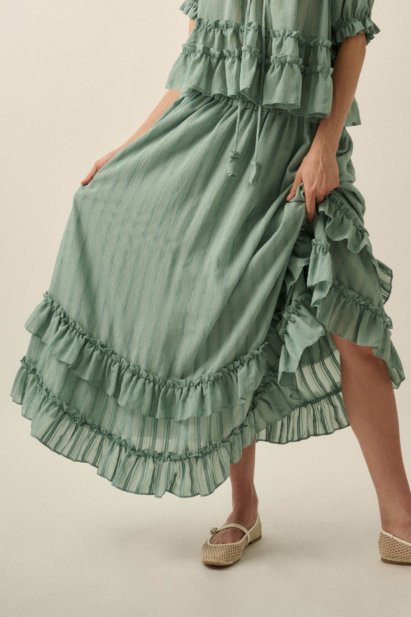 Pretty Precious Tonal-Stripe Ruffle Maxi Skirt