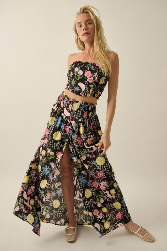 Celebrate Life Fruit & Floral-Print Button Maxi Skirt