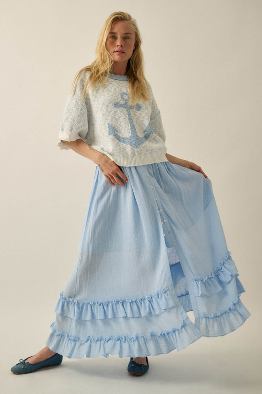 Breezy Day Cotton Gauze Button Ruffle Maxi Skirt