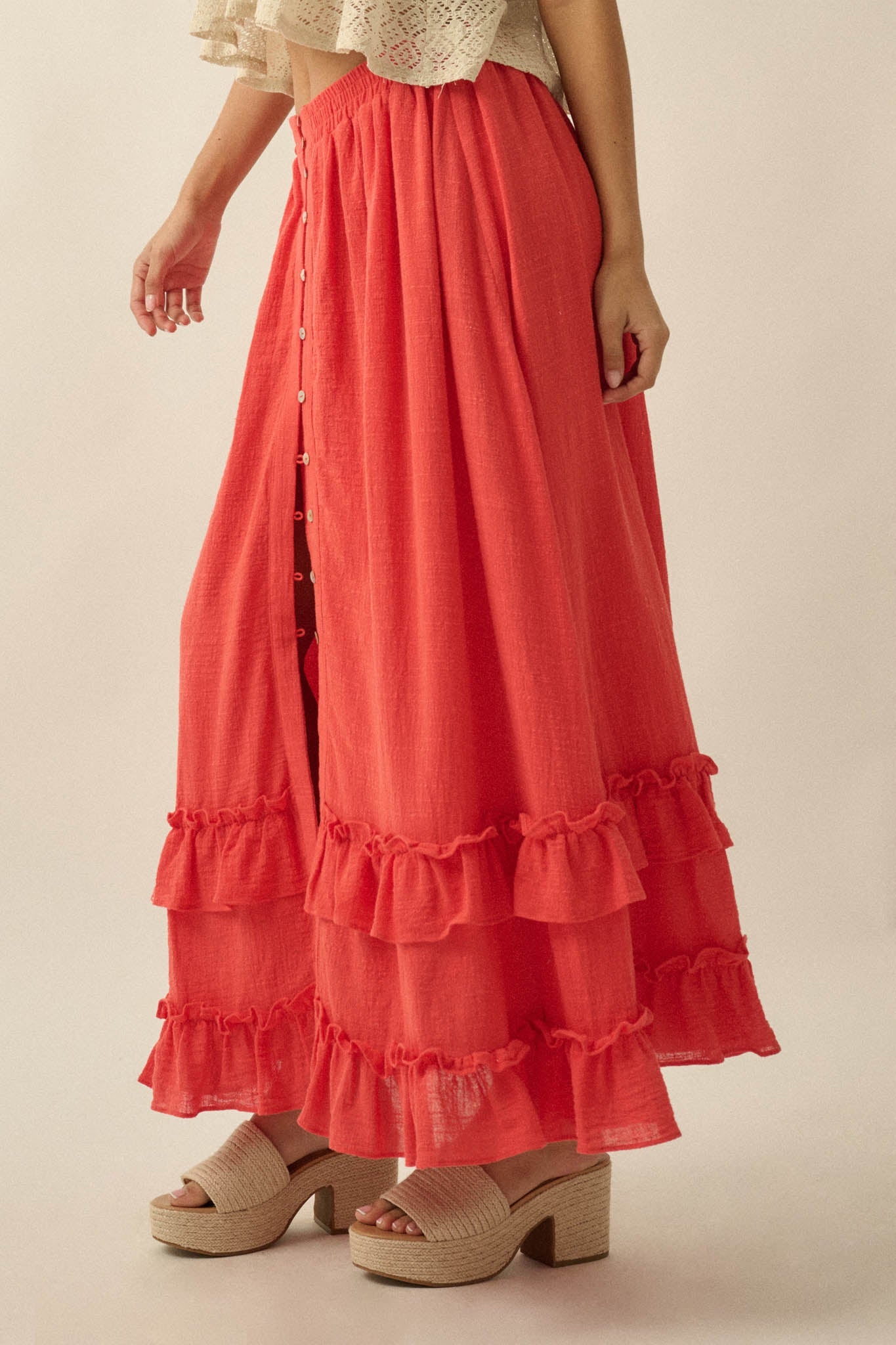 Breezy Day Cotton Gauze Button Ruffle Maxi Skirt