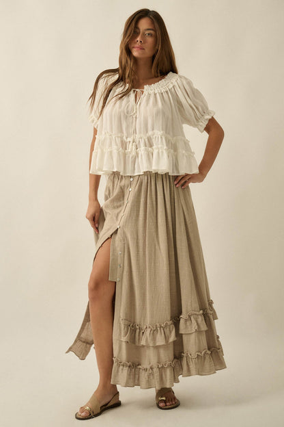 Breezy Day Cotton Gauze Button Ruffle Maxi Skirt