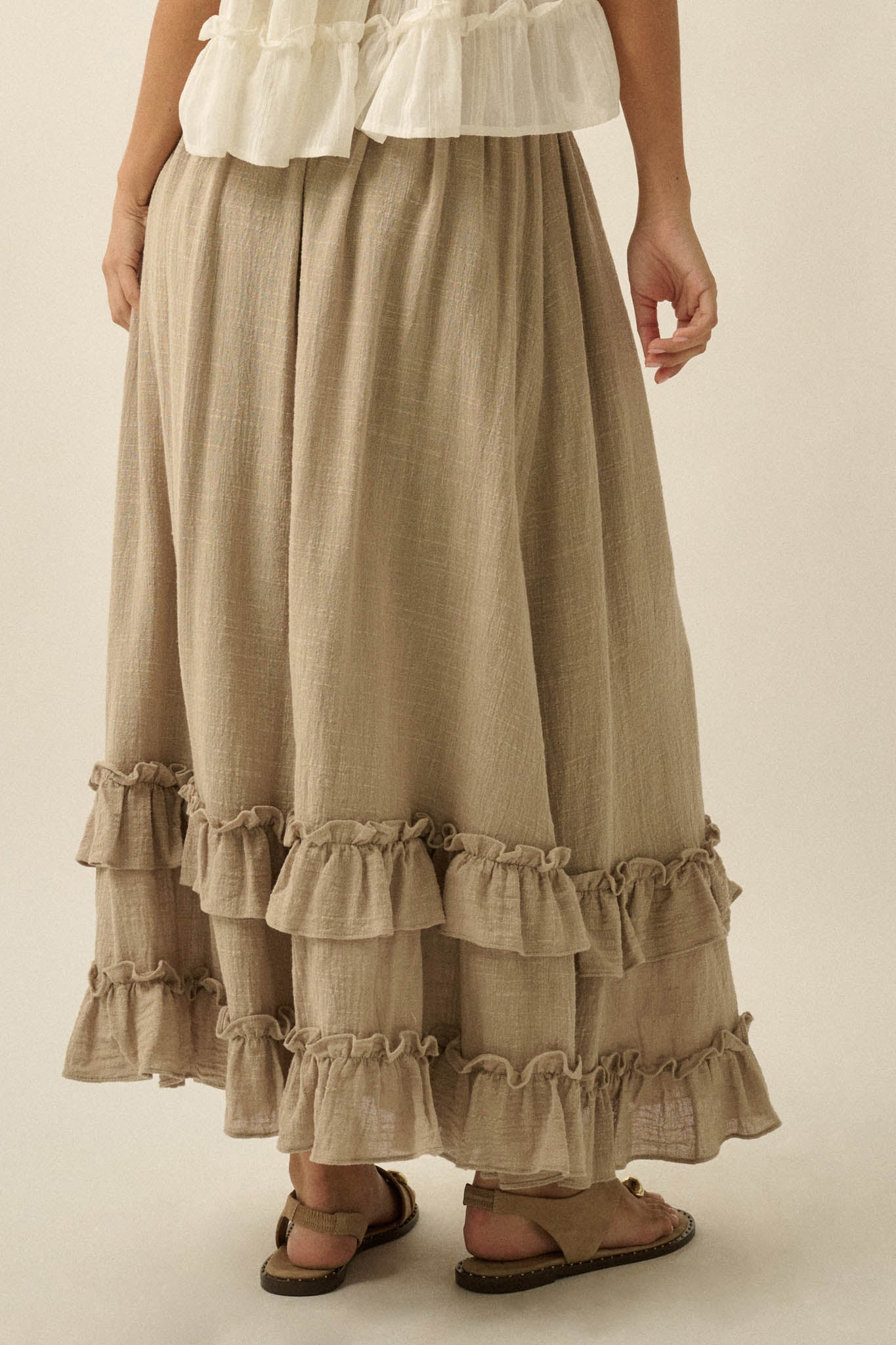 Breezy Day Cotton Gauze Button Ruffle Maxi Skirt