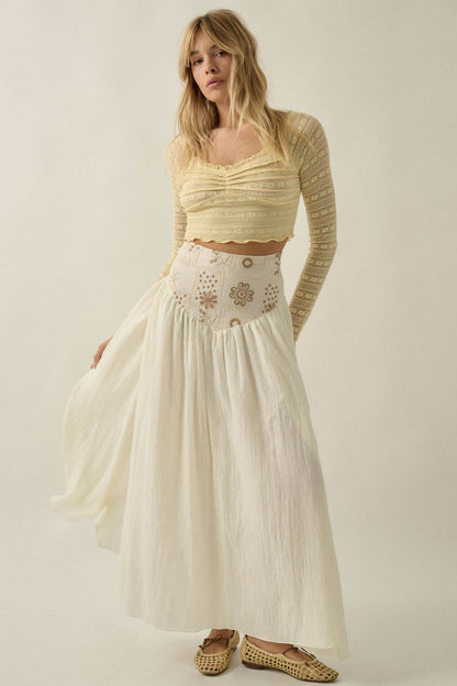 Meadow Song Floral-Embroidered Drop-Waist Maxi Skirt