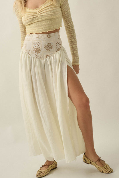 Meadow Song Floral-Embroidered Drop-Waist Maxi Skirt