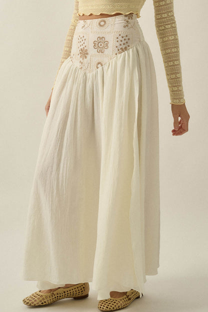 Meadow Song Floral-Embroidered Drop-Waist Maxi Skirt