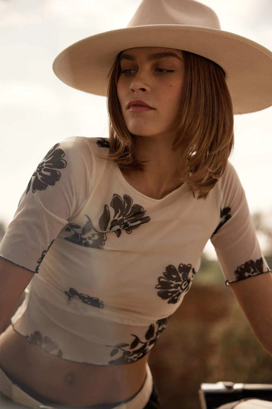 Deco Blooms Floral Mesh Cropped Asymmetrical Top