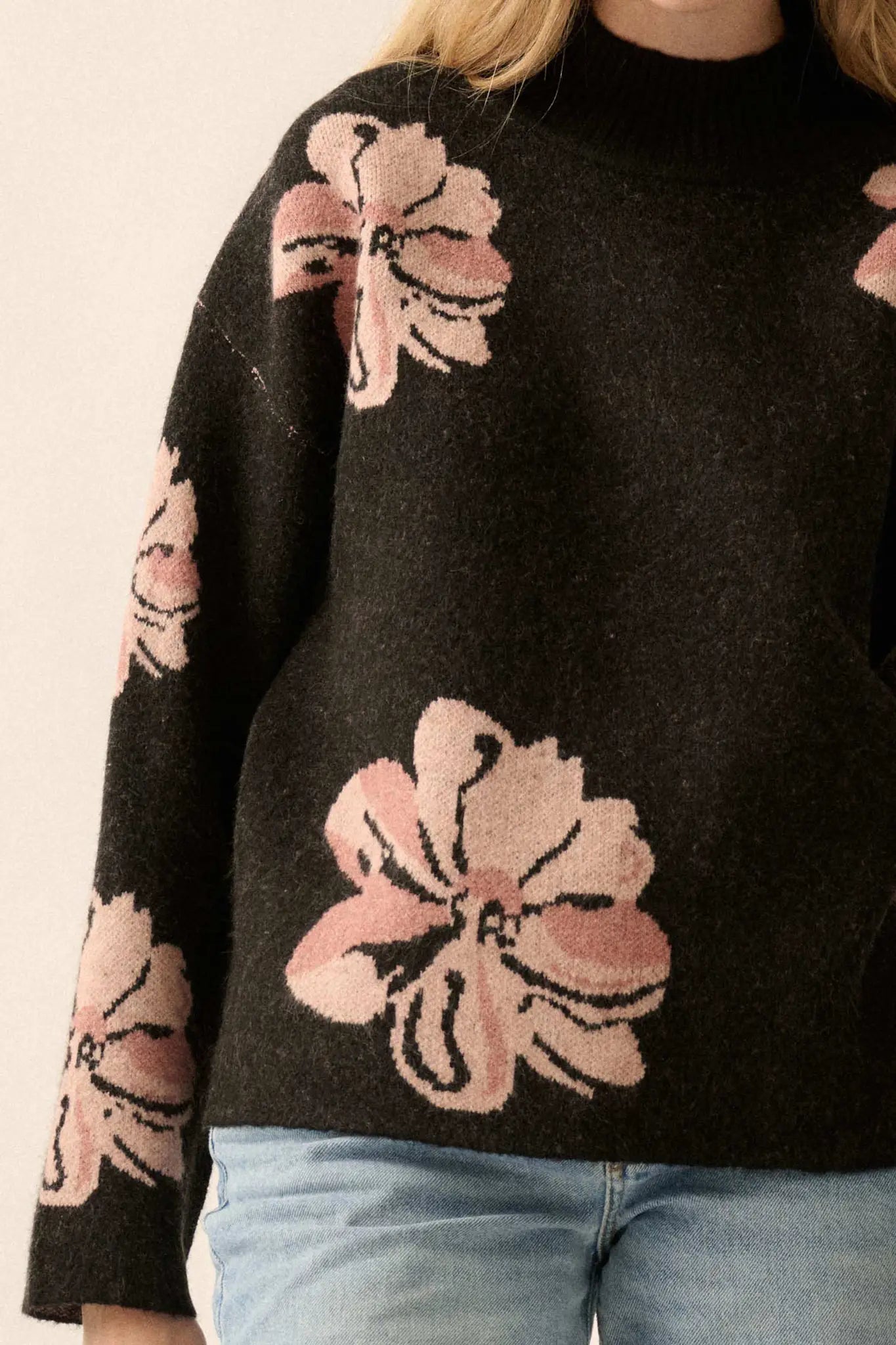 Comfy Flowers Mock-Neck Floral Jacquard Sweater