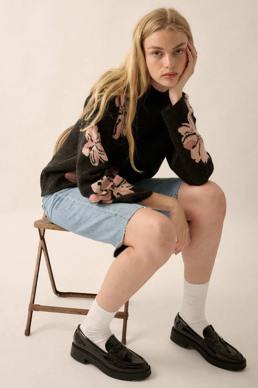 Comfy Flowers Mock-Neck Floral Jacquard Sweater