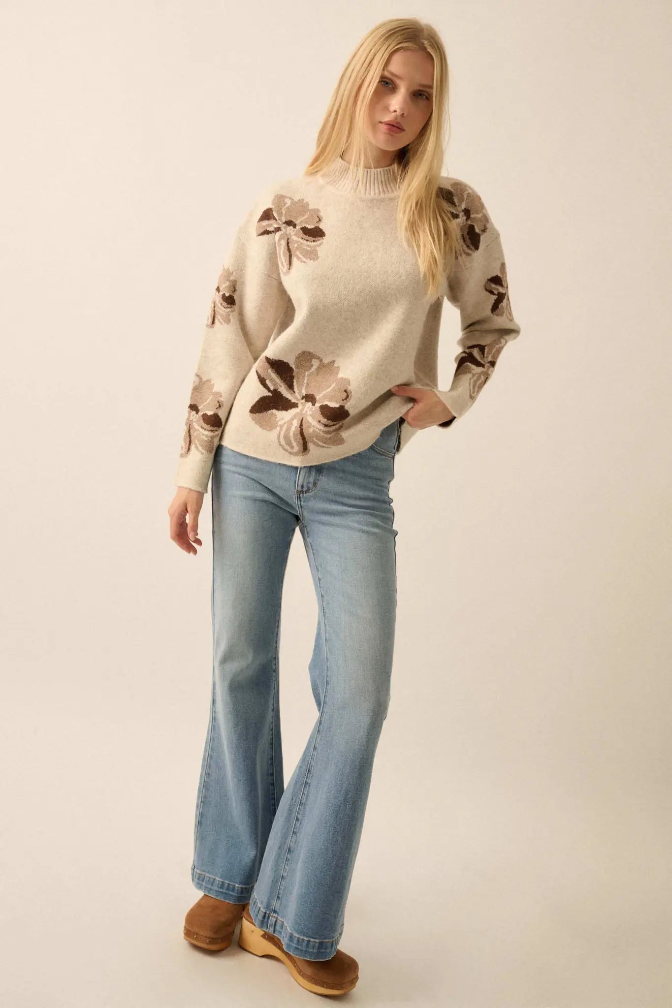 Comfy Flowers Mock-Neck Floral Jacquard Sweater