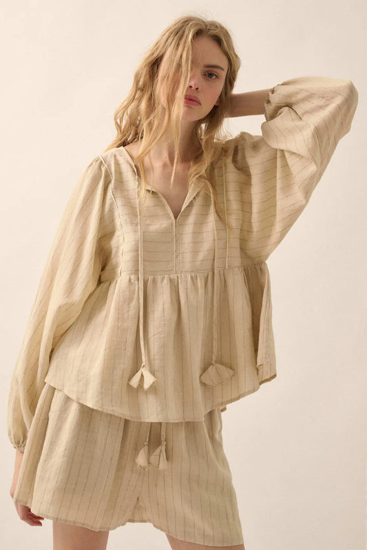 Spring Breeze Pinstripe Babydoll Peasant Top
