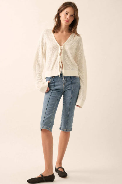 Flower Song Floral Jacquard Knit Tie-Front Cardigan