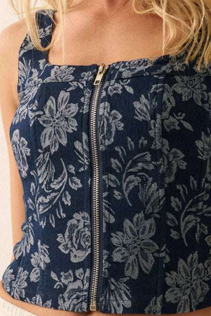 Burst of Blue Floral Jacquard Denim Corset Top