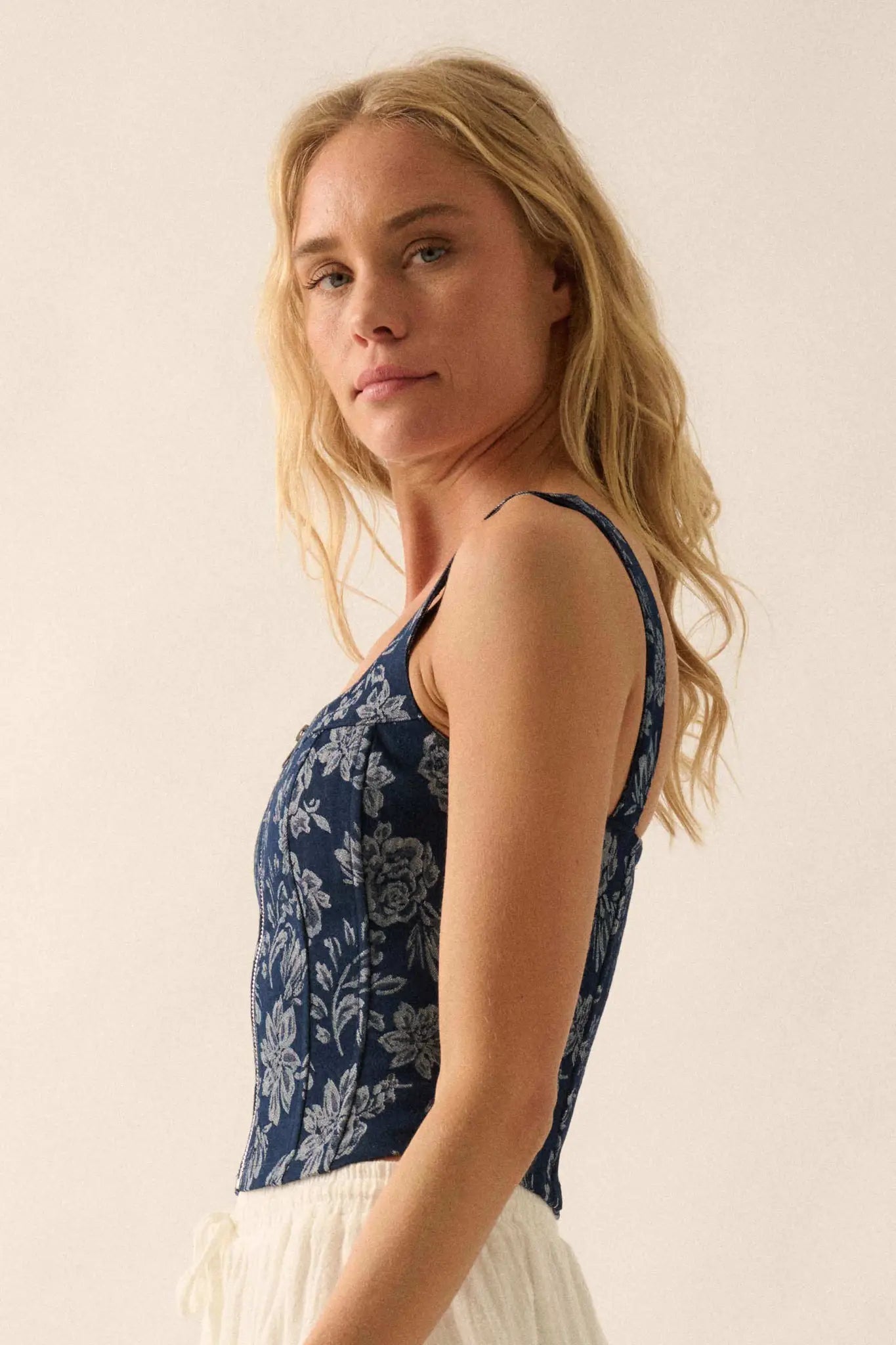 Burst of Blue Floral Jacquard Denim Corset Top