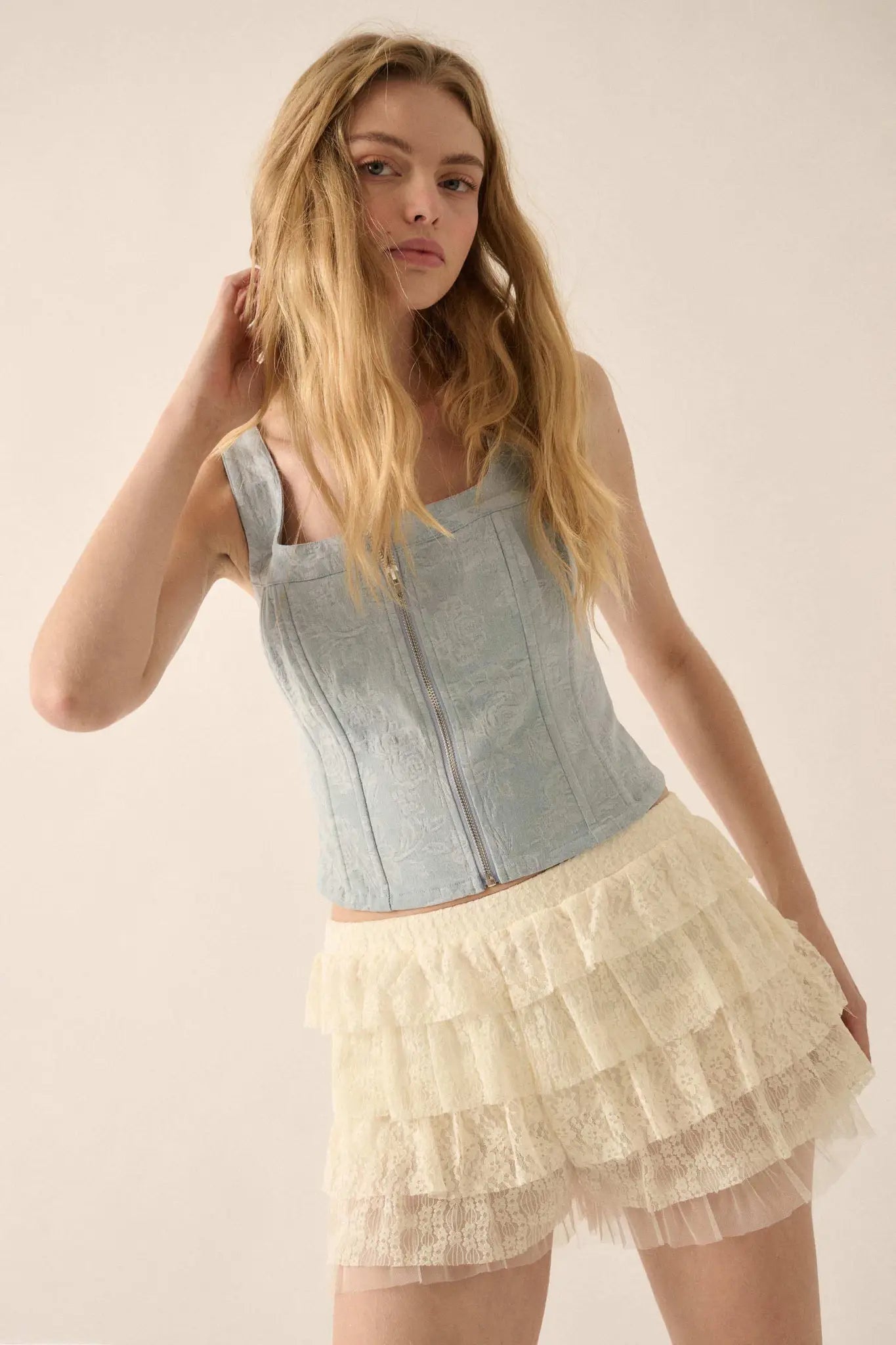 Burst of Blue Floral Jacquard Denim Corset Top