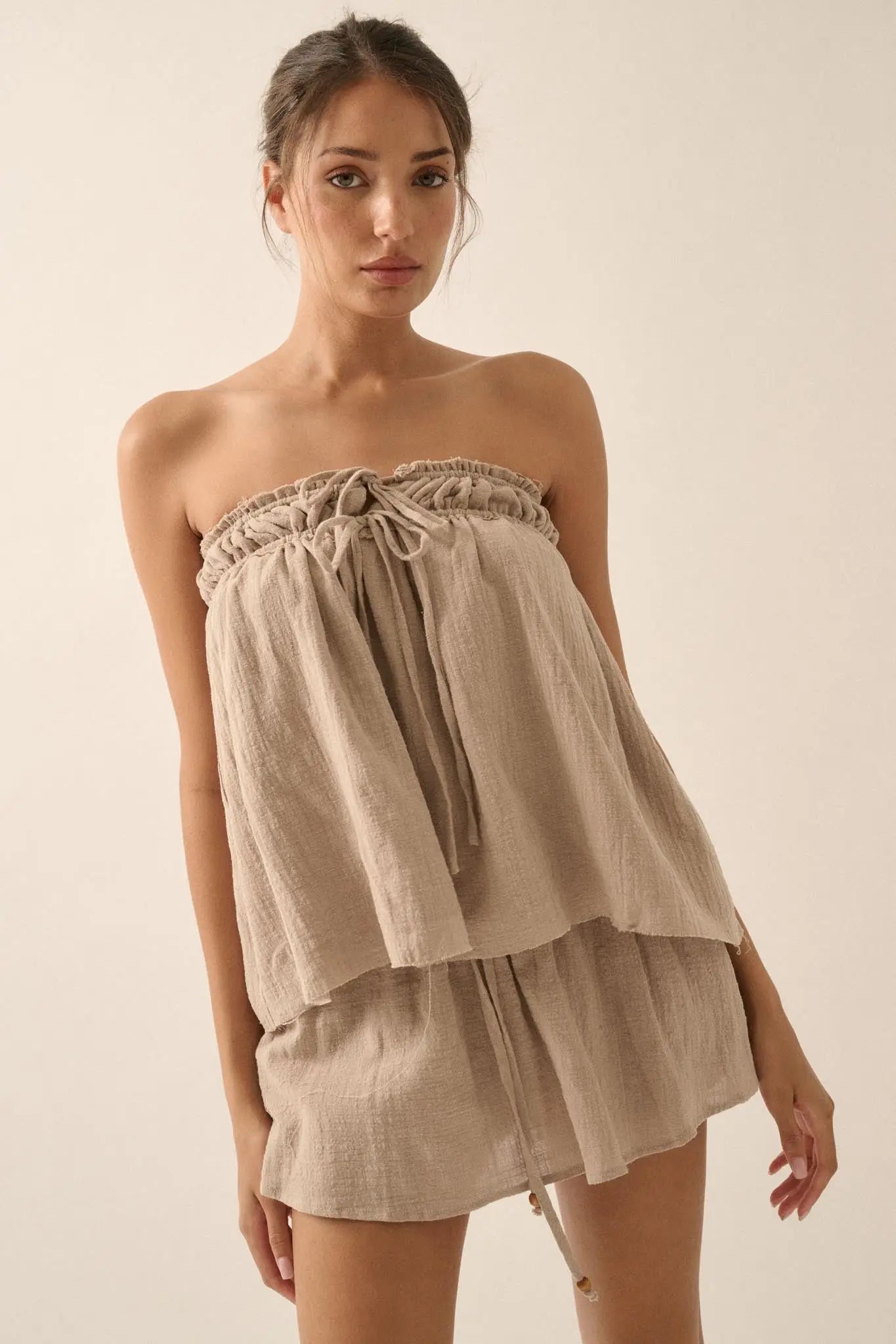 Fresh Breeze Textured Cotton Strapless Tunic Top