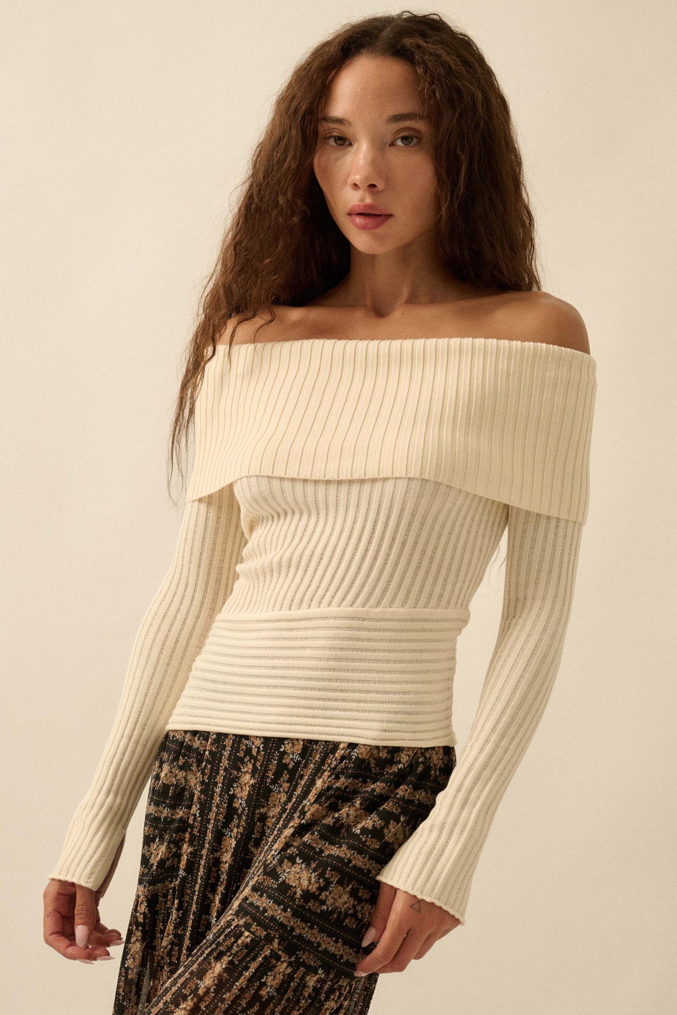 So Fine Semi-Sheer Rib-Knit Foldover Top