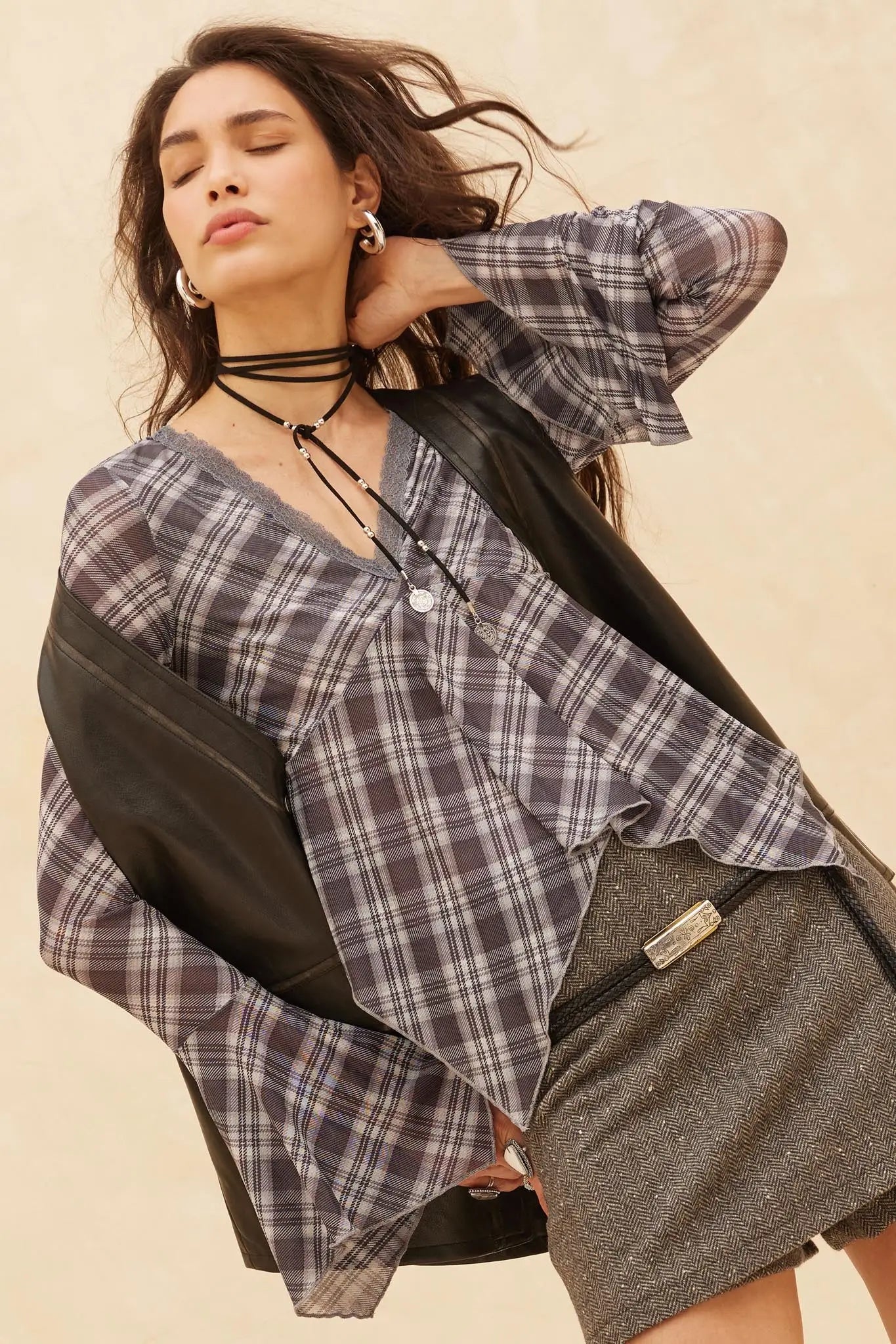 Check You Out Plaid Bell-Sleeve Handkerchief Top