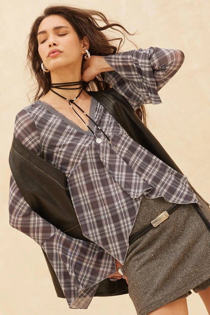 Check You Out Plaid Bell-Sleeve Handkerchief Top