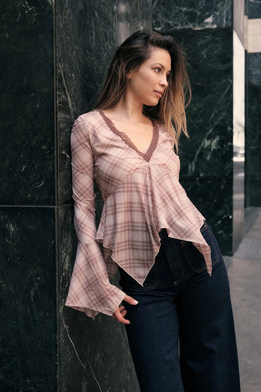 Check You Out Plaid Bell-Sleeve Handkerchief Top
