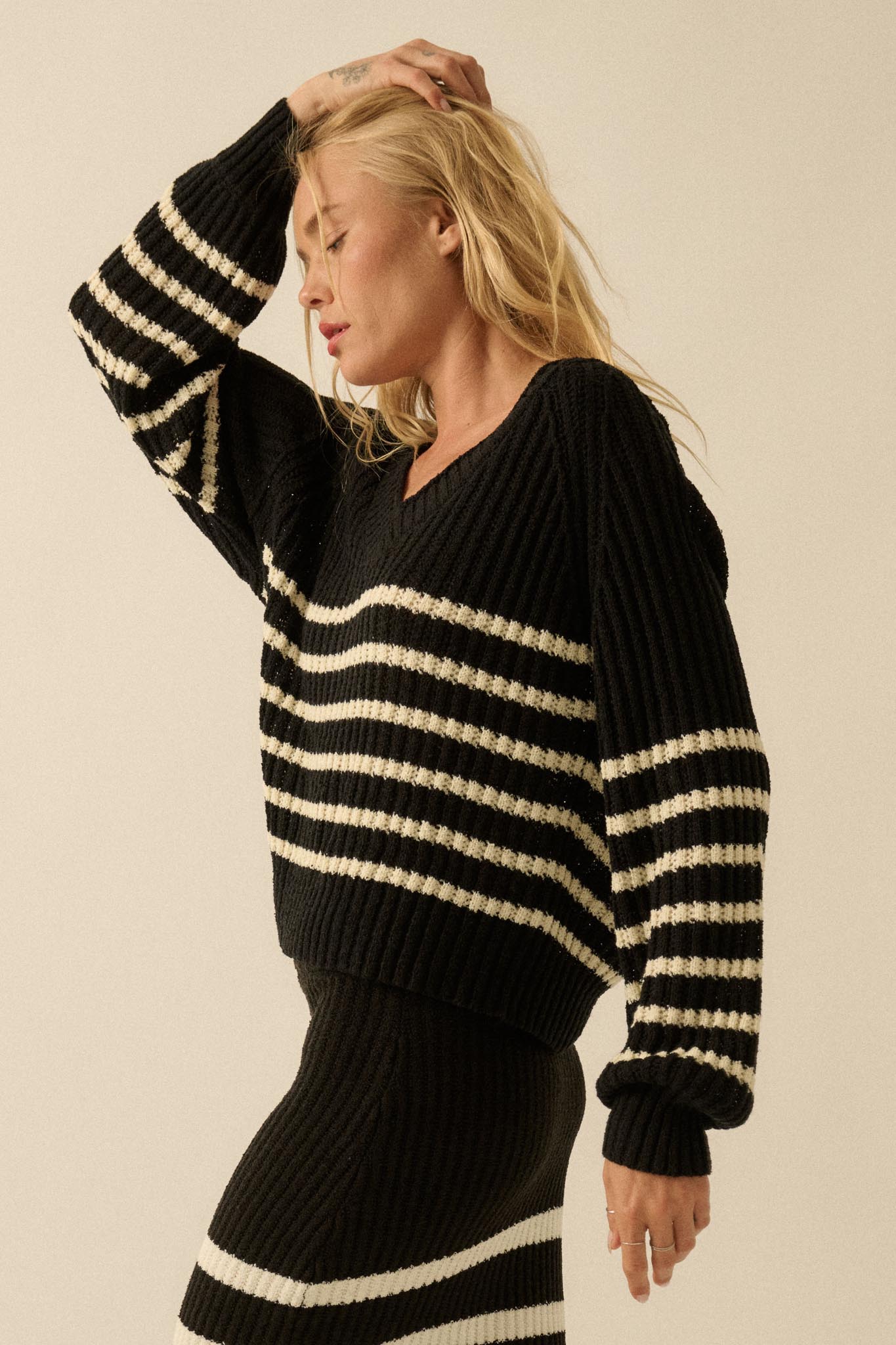 Promise the Label Striped Rib-Knit V-Neck Sweater