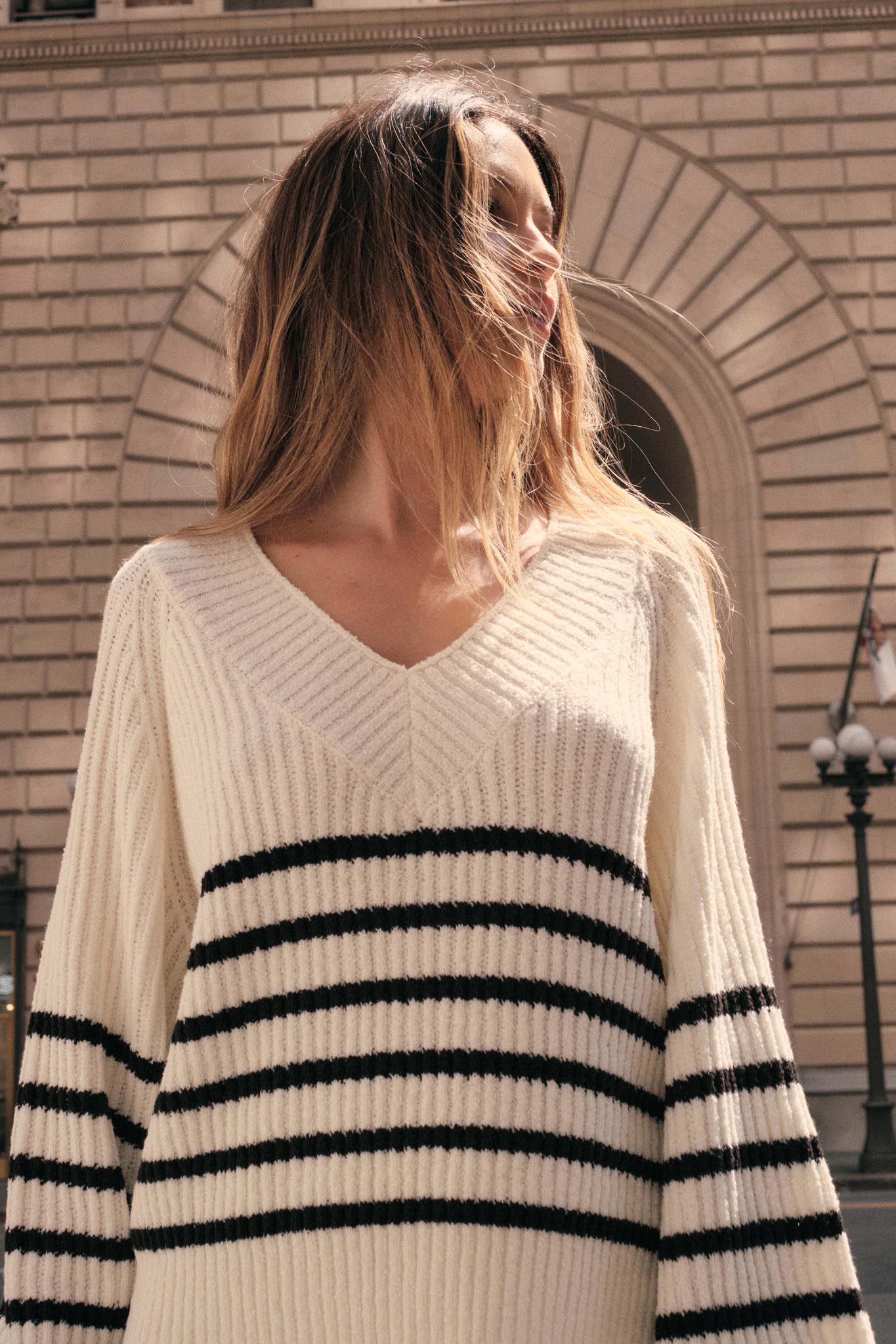 Promise the Label Striped Rib-Knit V-Neck Sweater