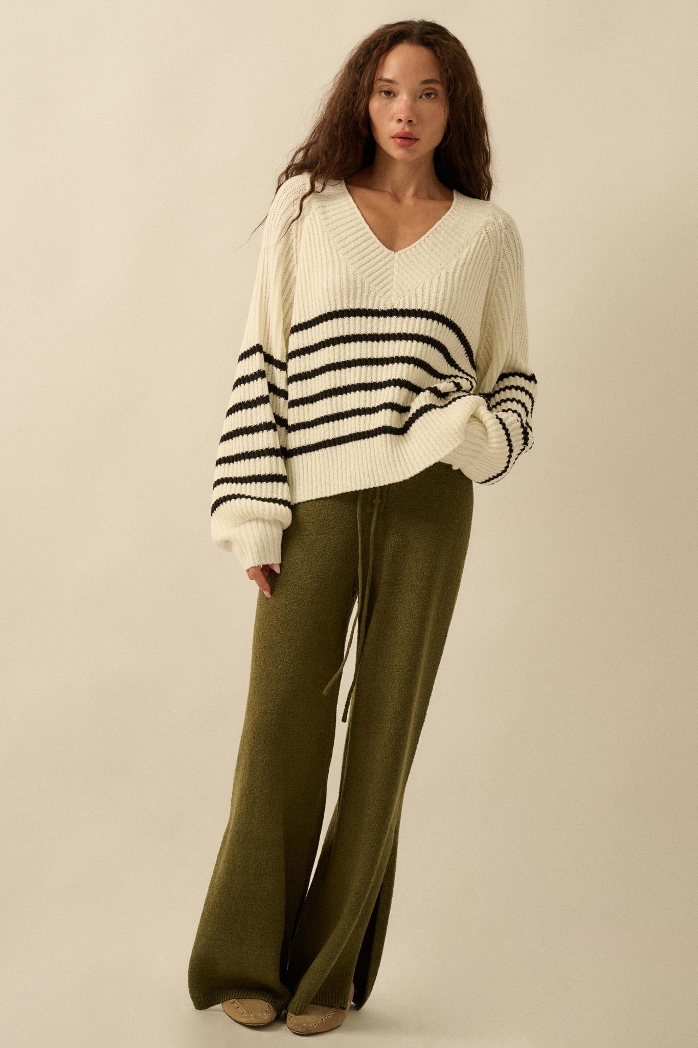 Promise the Label Striped Rib-Knit V-Neck Sweater