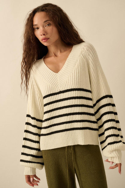 Promise the Label Striped Rib-Knit V-Neck Sweater