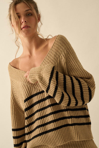 Promise the Label Striped Rib-Knit V-Neck Sweater