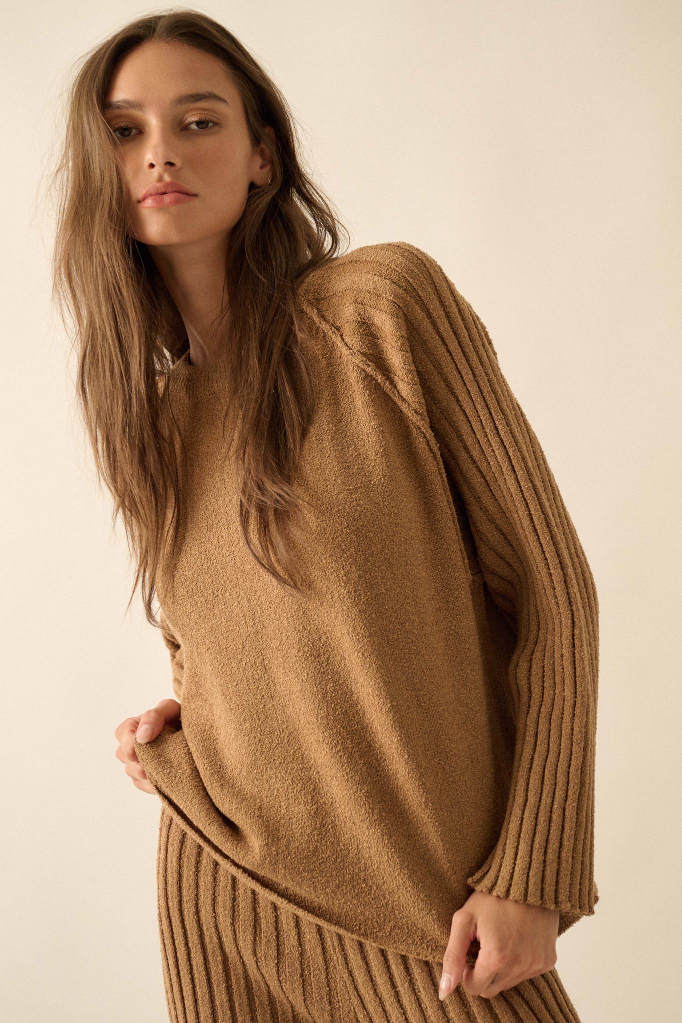 Promise the Label Textured Ribbed-Sleeve Sweater