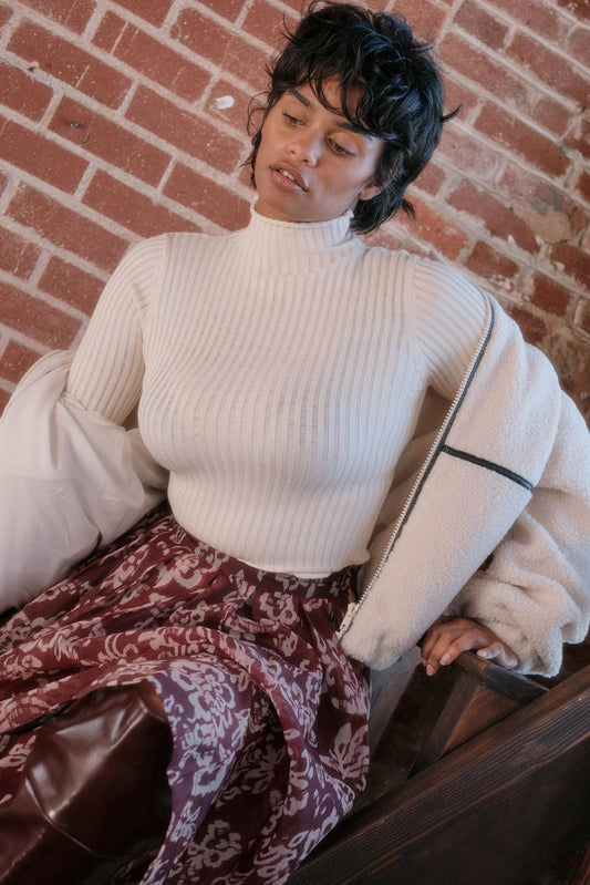 Finer Things Semi-Sheer Rib-Knit Mock-Neck Top