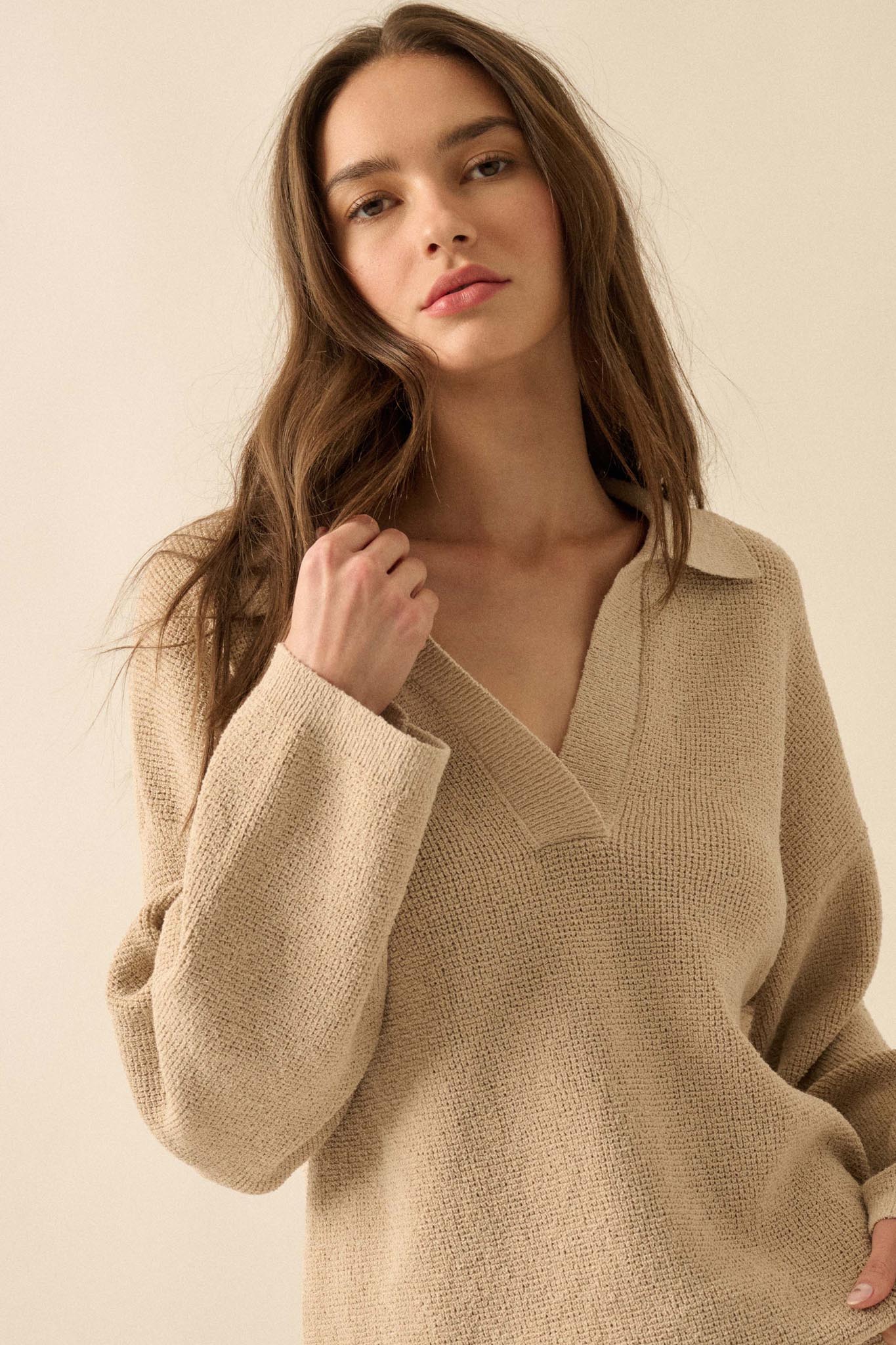 Looking Good Textured Knit Collared V-Neck Sweater