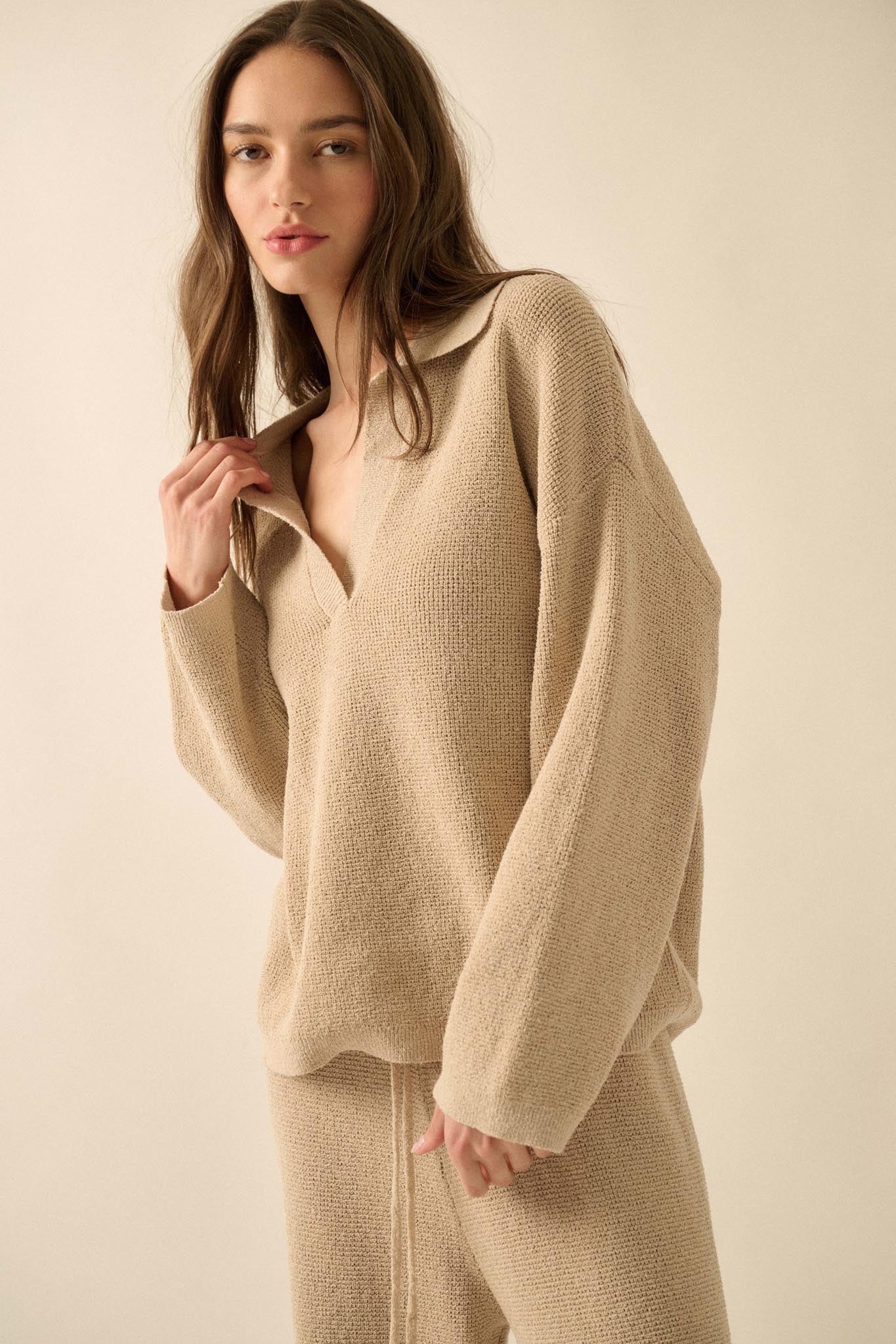 Looking Good Textured Knit Collared V-Neck Sweater