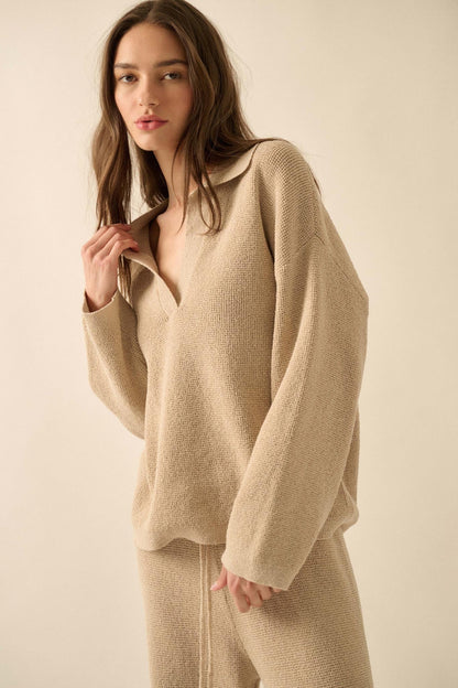 Looking Good Textured Knit Collared V-Neck Sweater