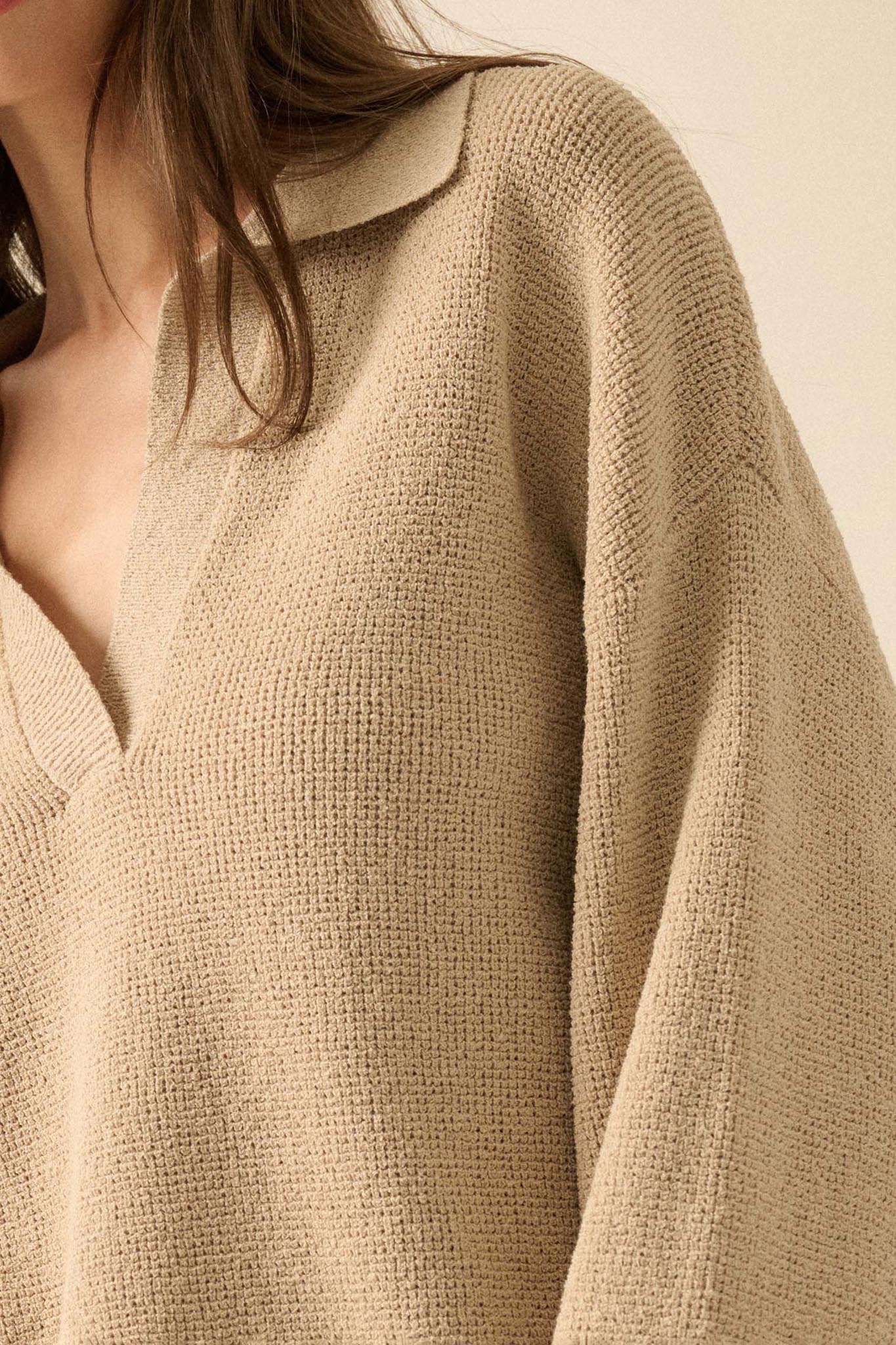Looking Good Textured Knit Collared V-Neck Sweater
