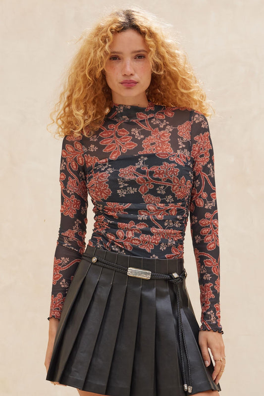 Baroque Blooms Floral Mesh Ruched Bodysuit