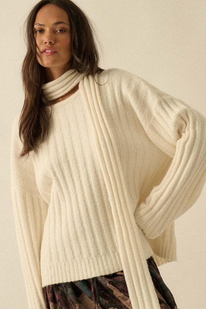 Keep Your Cool Textured Ribbed Knit Scarf Sweater