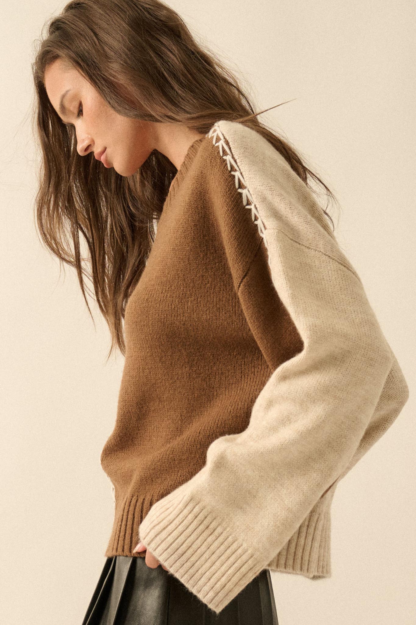 Look Twice Colorblock Stitch-Detail Sweater