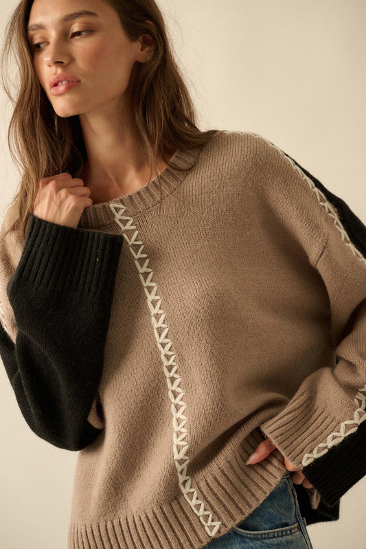 Look Twice Colorblock Stitch-Detail Sweater