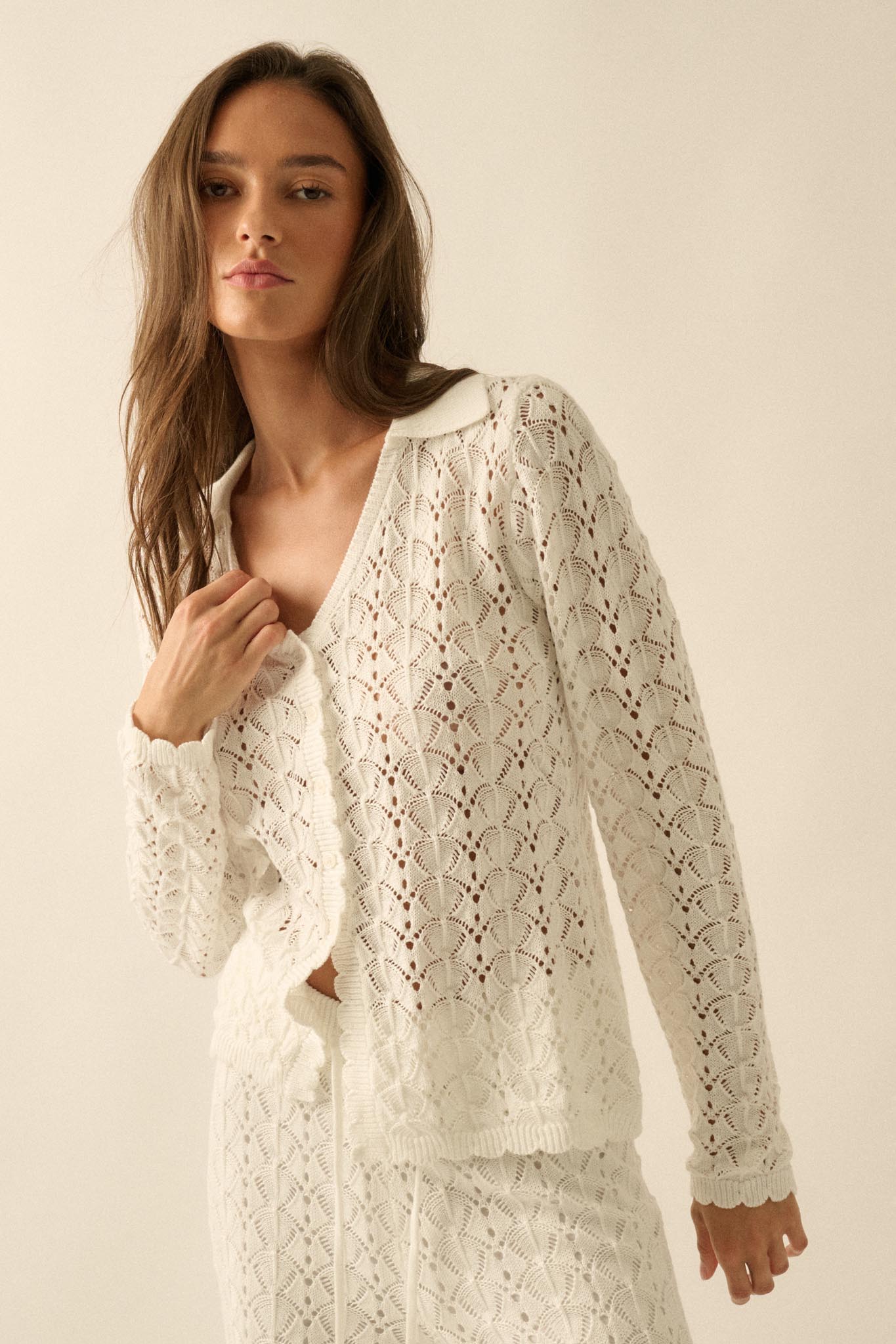 Anything for You Pointelle-Knit Collared Cardigan