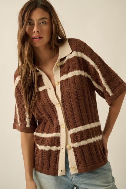 Across the Way Striped Crochet-Knit Camp Shirt