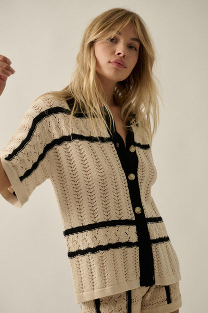 Across the Way Striped Crochet-Knit Camp Shirt