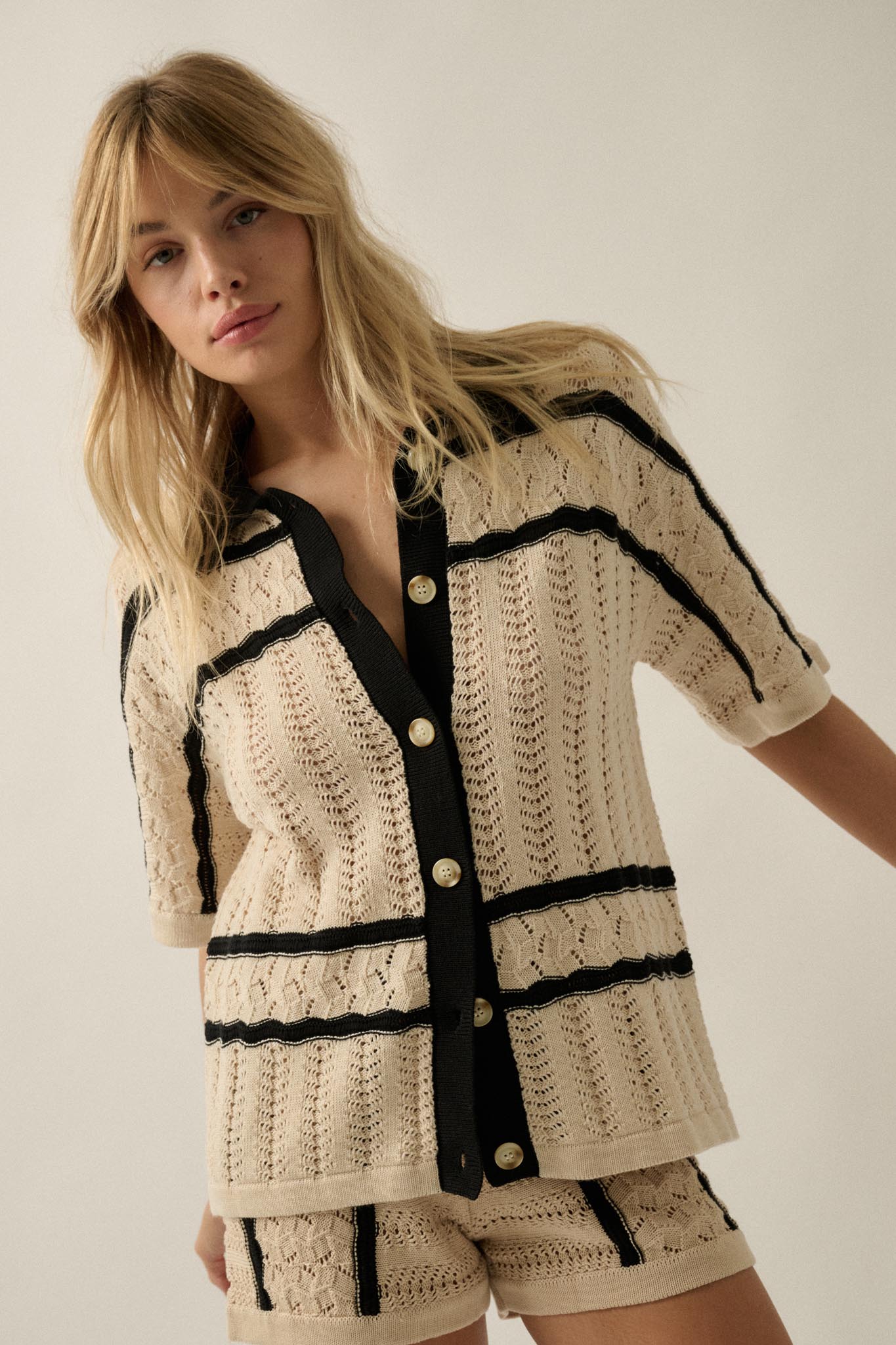 Across the Way Striped Crochet-Knit Camp Shirt