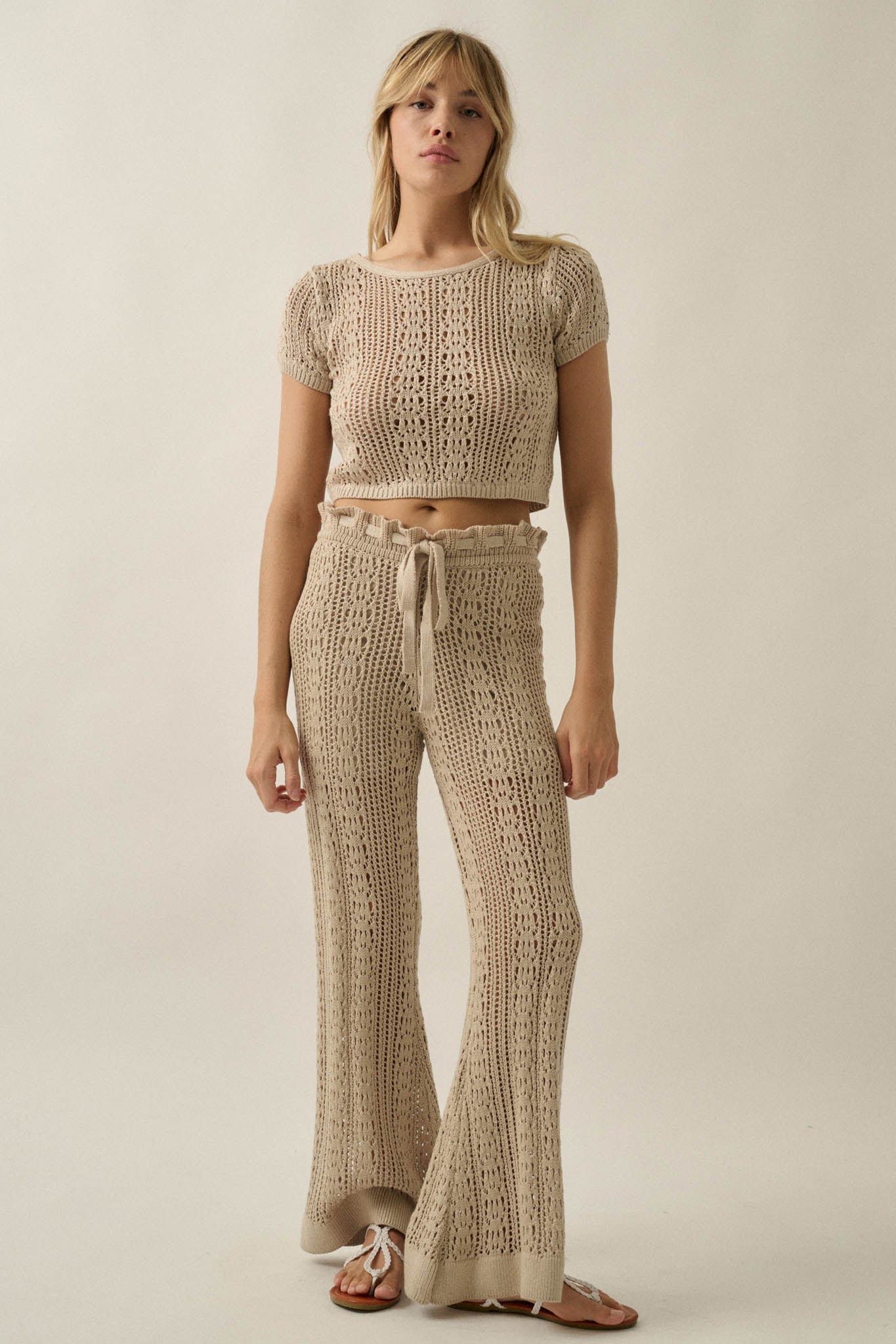 Good Vibes Crochet-Knit Short-Sleeve Cropped Sweater