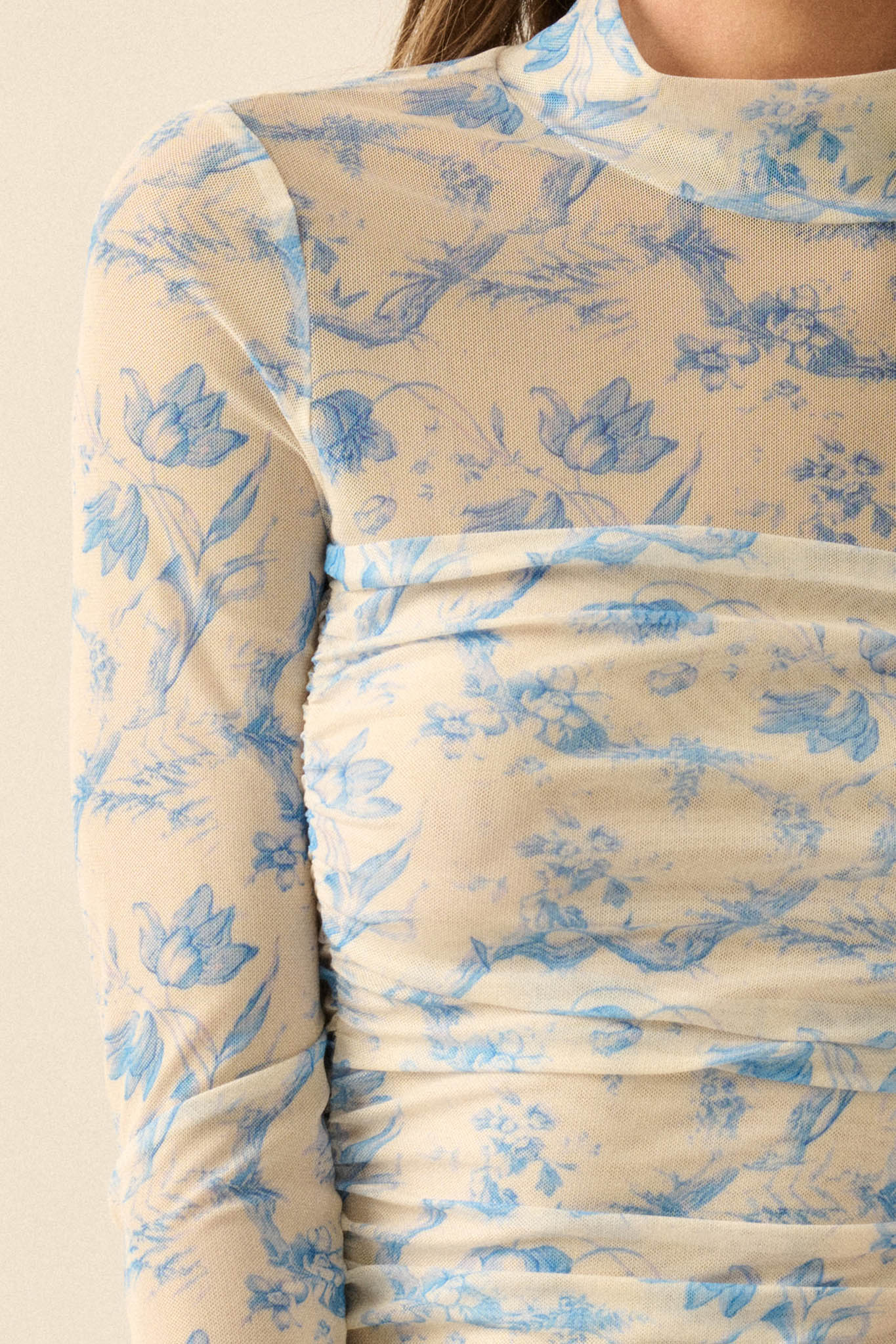 Fleur du Jour Floral-Print Mesh Ruched Bodysuit